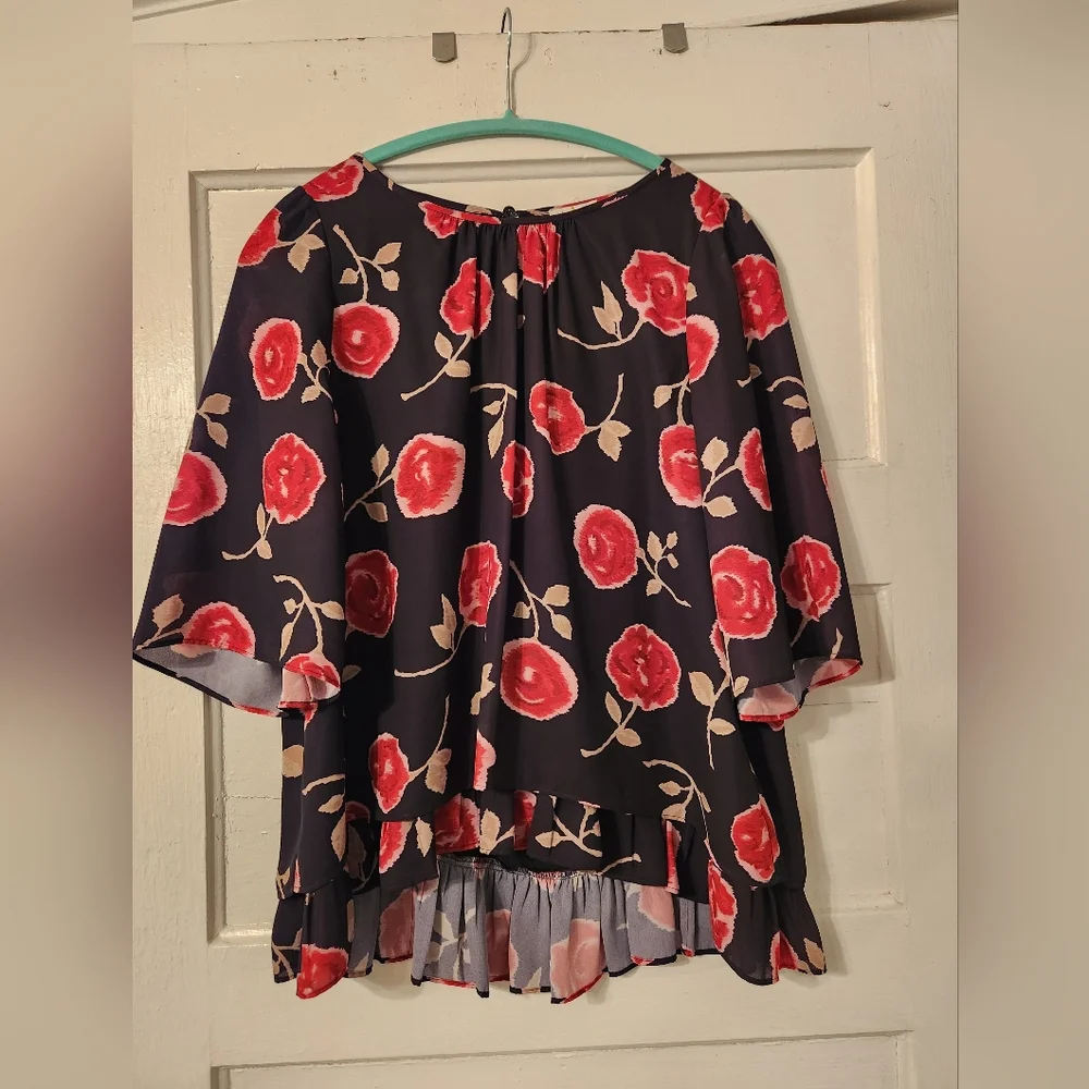 Kate Spade Blouse Hazy Rose Double Layer, Floral Pink, Black, Green Sz Large EUC